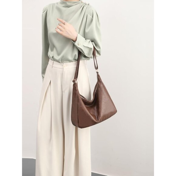 Hobo Bags for Women Foldable Vegan Leather Shoulder Handbag Slouchy Tote Crossbo - Picture 9 of 9